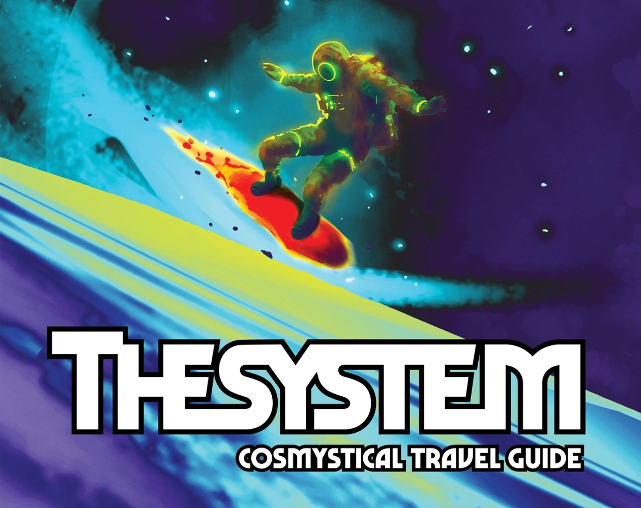 Cover art: an astronaut rides a flaming board along a neon-colored planetary ring